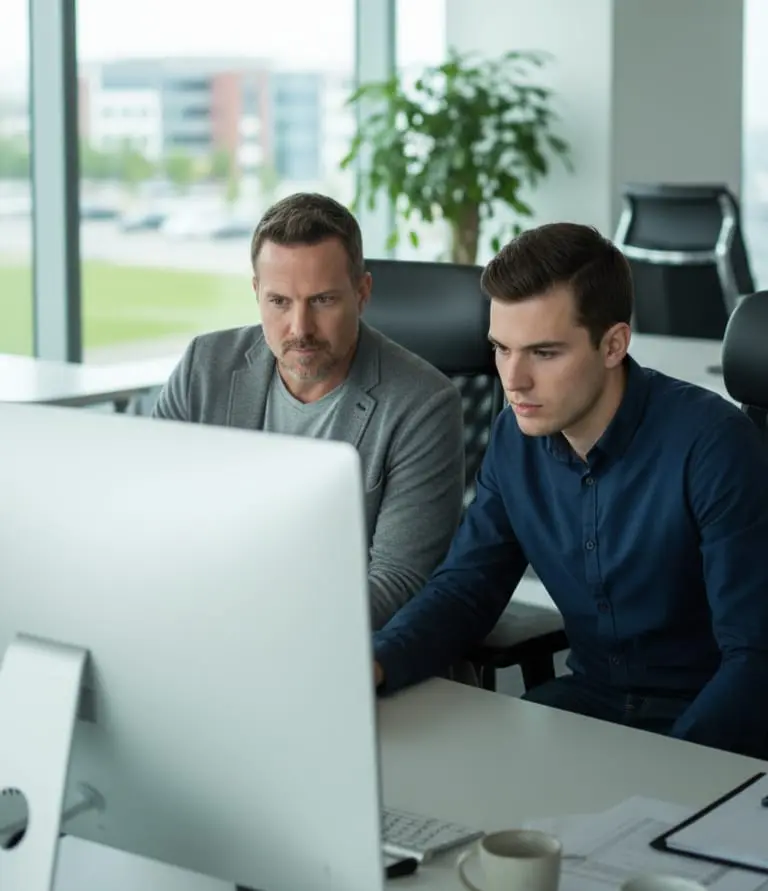 Engineers reviewing robotic simulation on computer